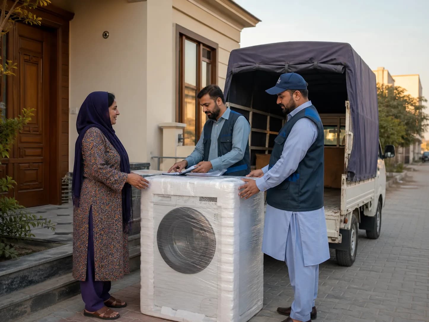 A local team completing a careful appliance handover at a twin-cities home