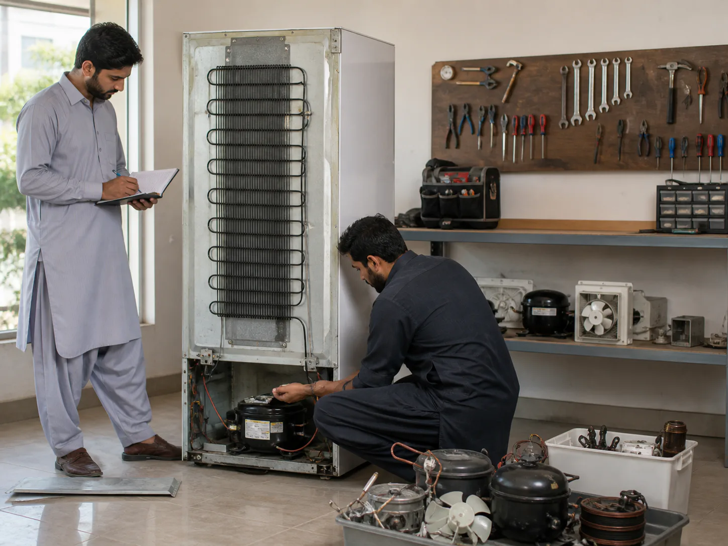 An older refrigerator being assessed for reusable parts