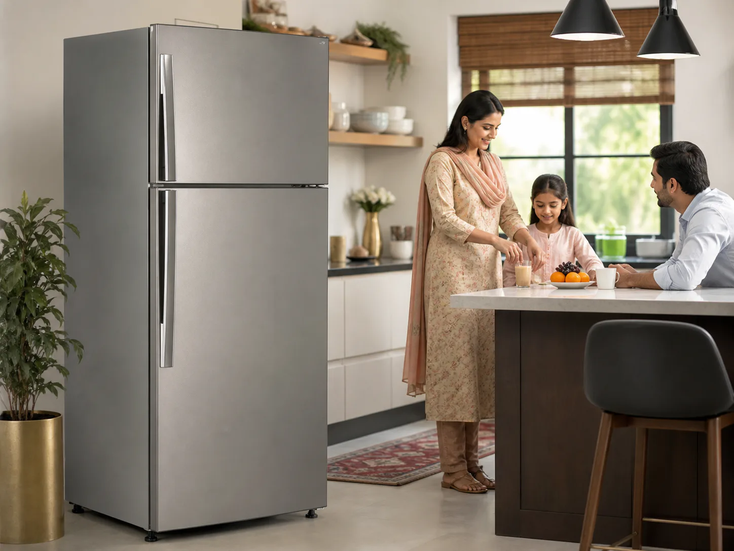An immaculate lightly used refrigerator in a family kitchen