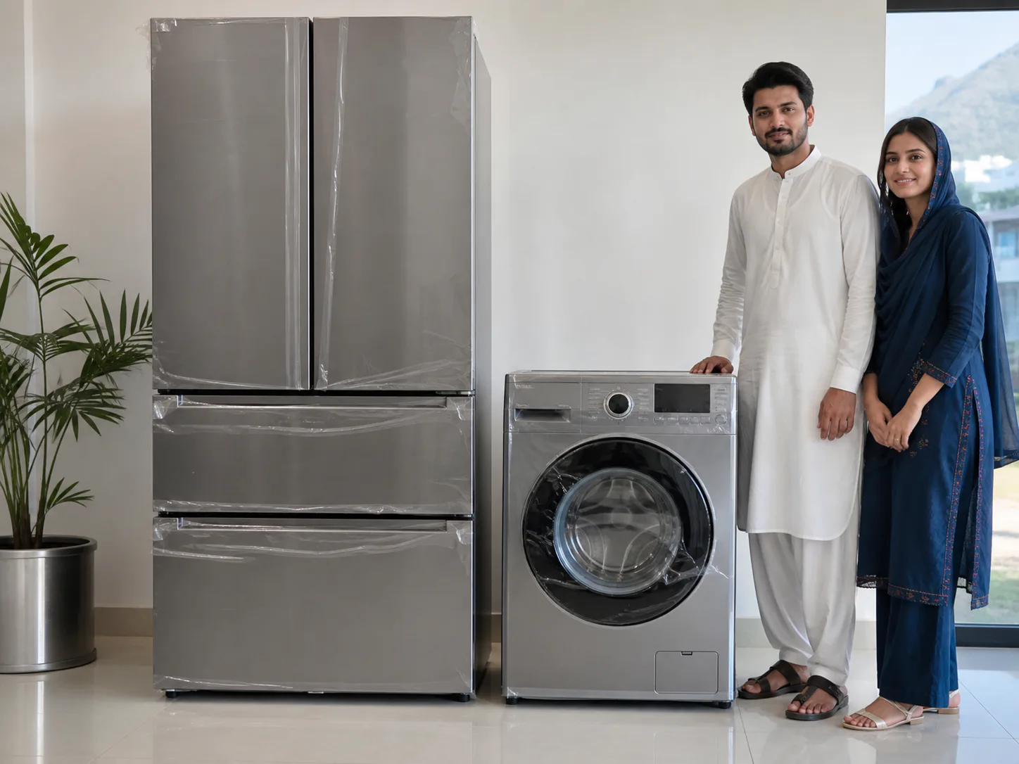 Pristine new refrigerator and washing machine with protective film
