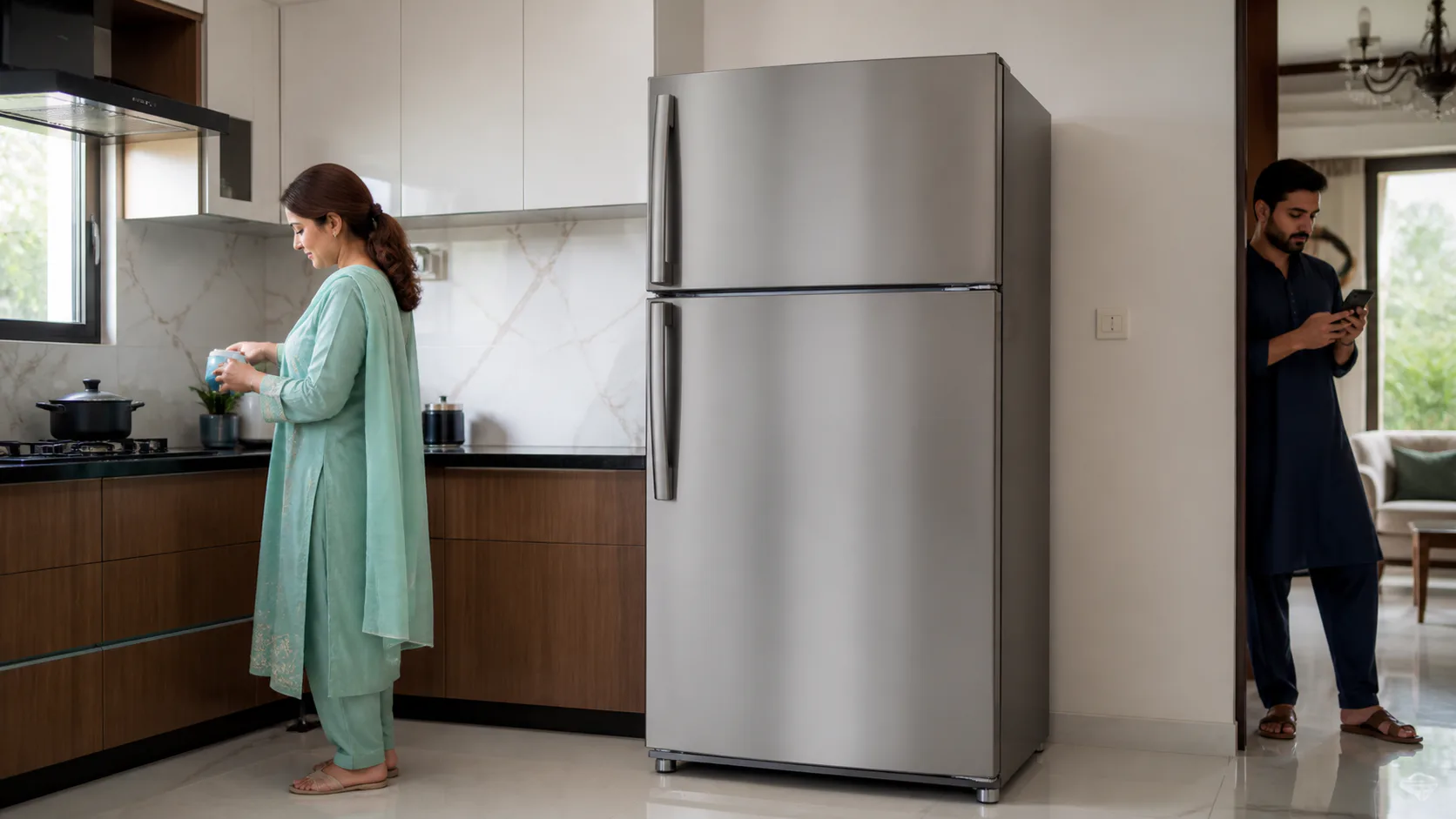 A clean double-door refrigerator in a modern kitchen