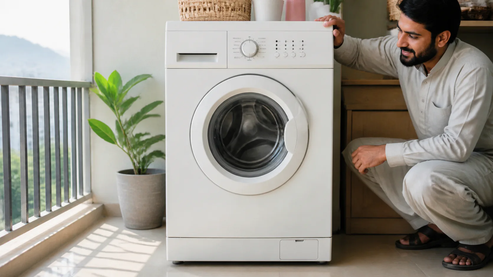 A clean front-load washing machine in a bright apartment