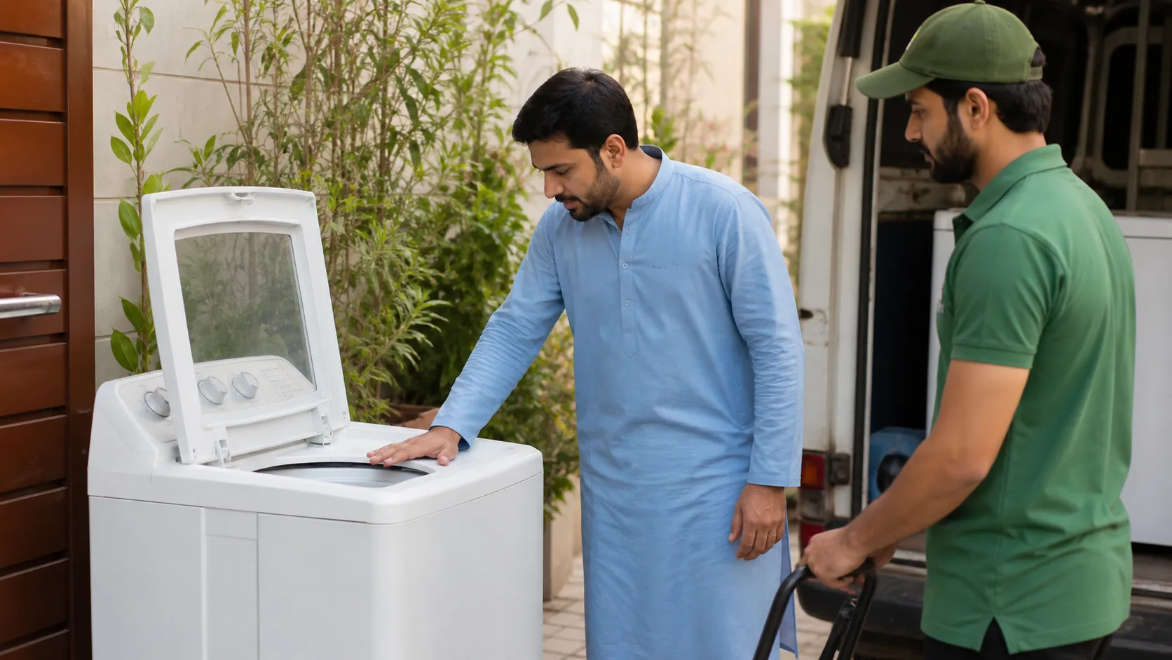 A buyer checking a used washing machine during a doorstep demonstration
