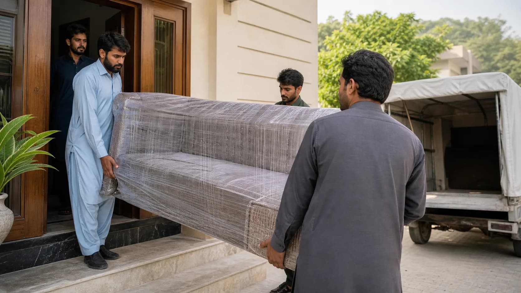 A local pickup team carefully moving a wrapped sofa from an Islamabad home