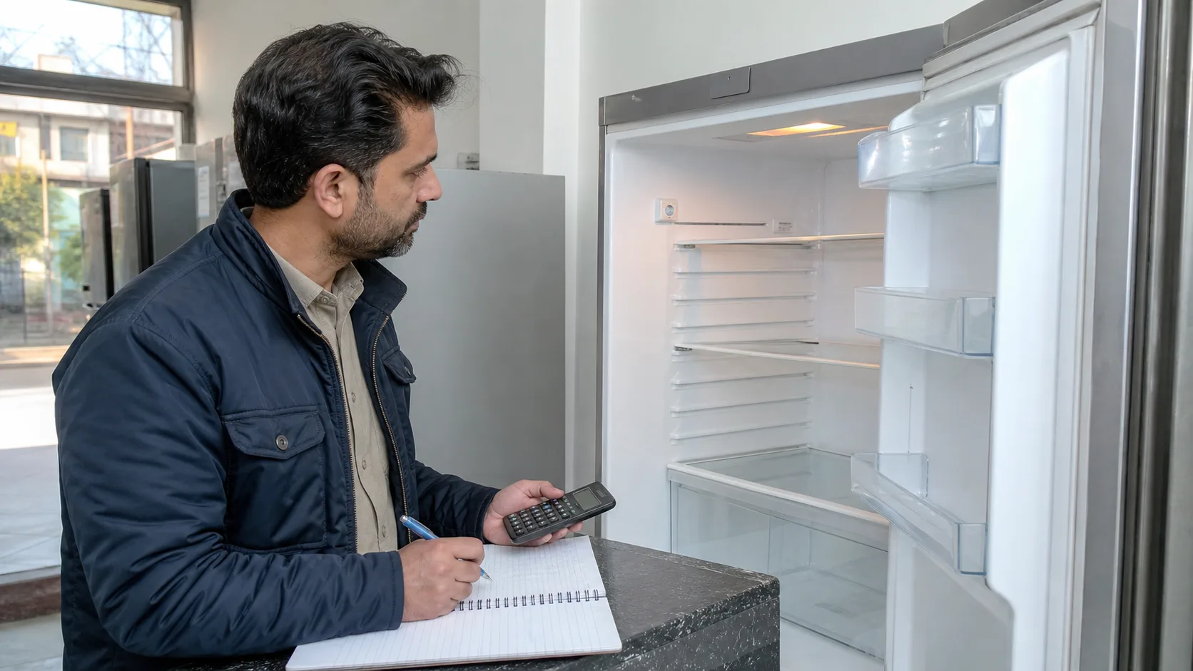 An appliance specialist assessing a refrigerator's condition and value