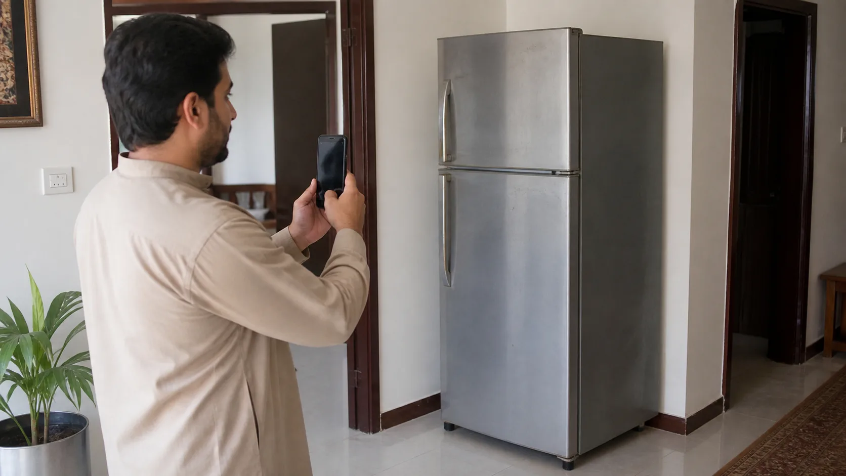 A homeowner photographing a used refrigerator before requesting a quote