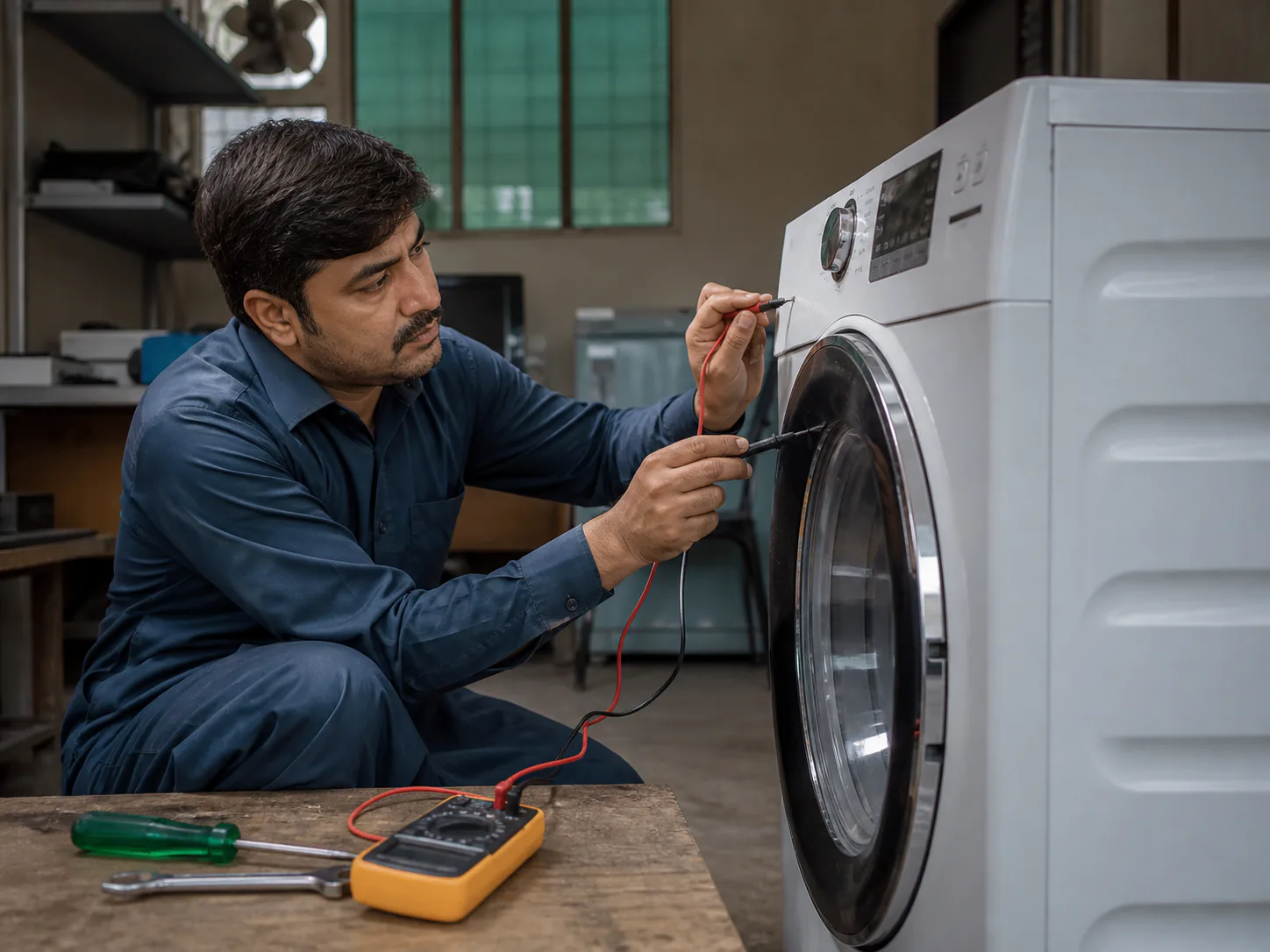 A technician inspecting a used washing machine
