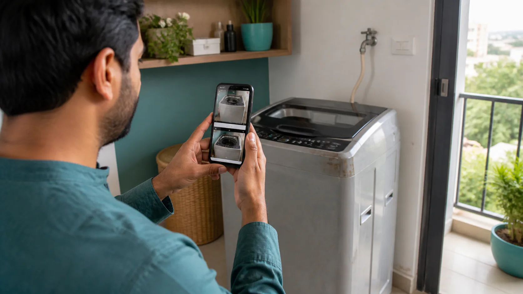A homeowner photographing a used washing machine before requesting a quote
