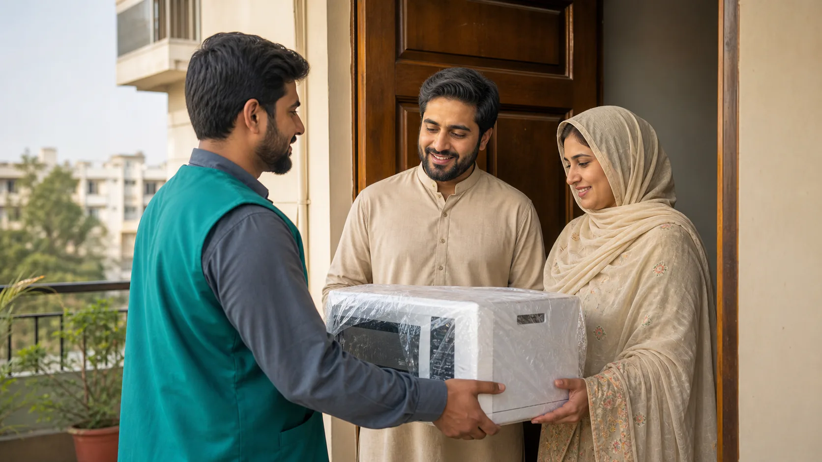 A local delivery worker handing an appliance to customers at home