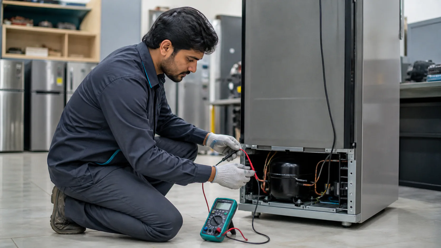 A technician testing a used refrigerator before resale