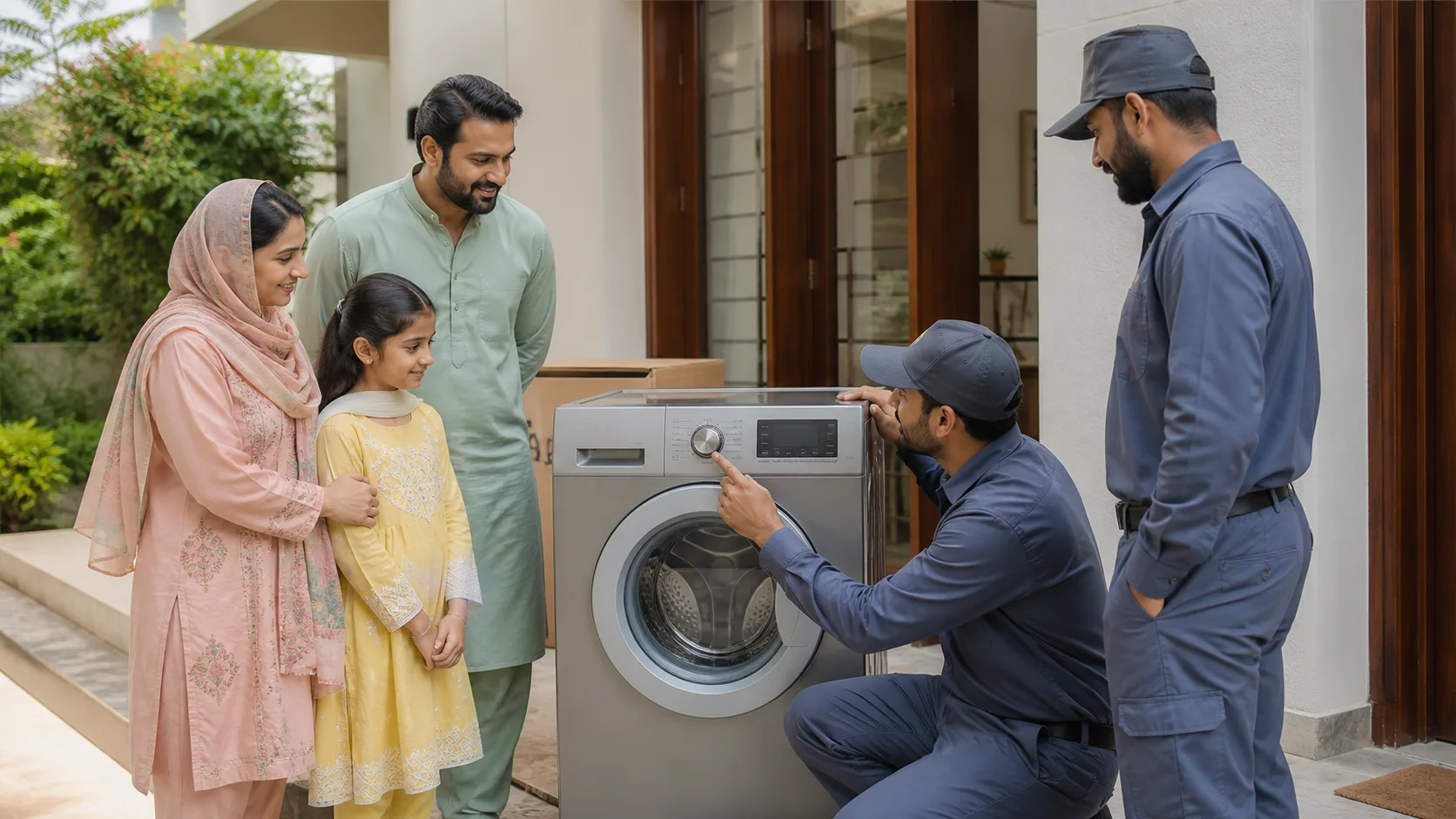A family checking a washing machine during a doorstep delivery demonstration