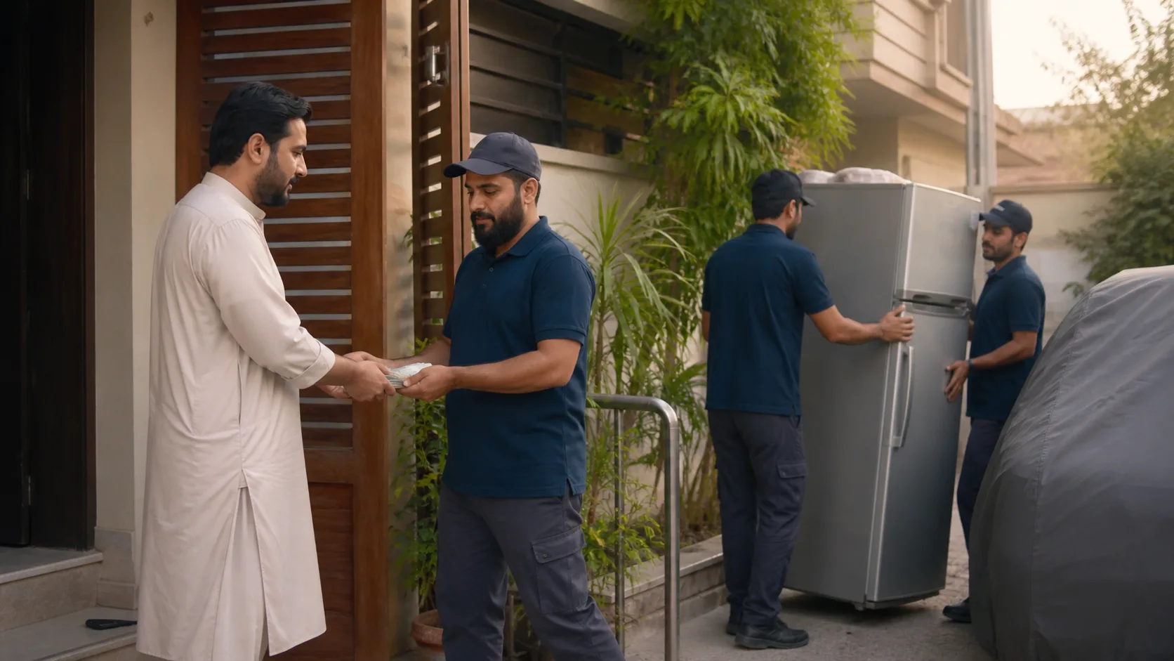 A homeowner receiving payment while a local team collects a refrigerator