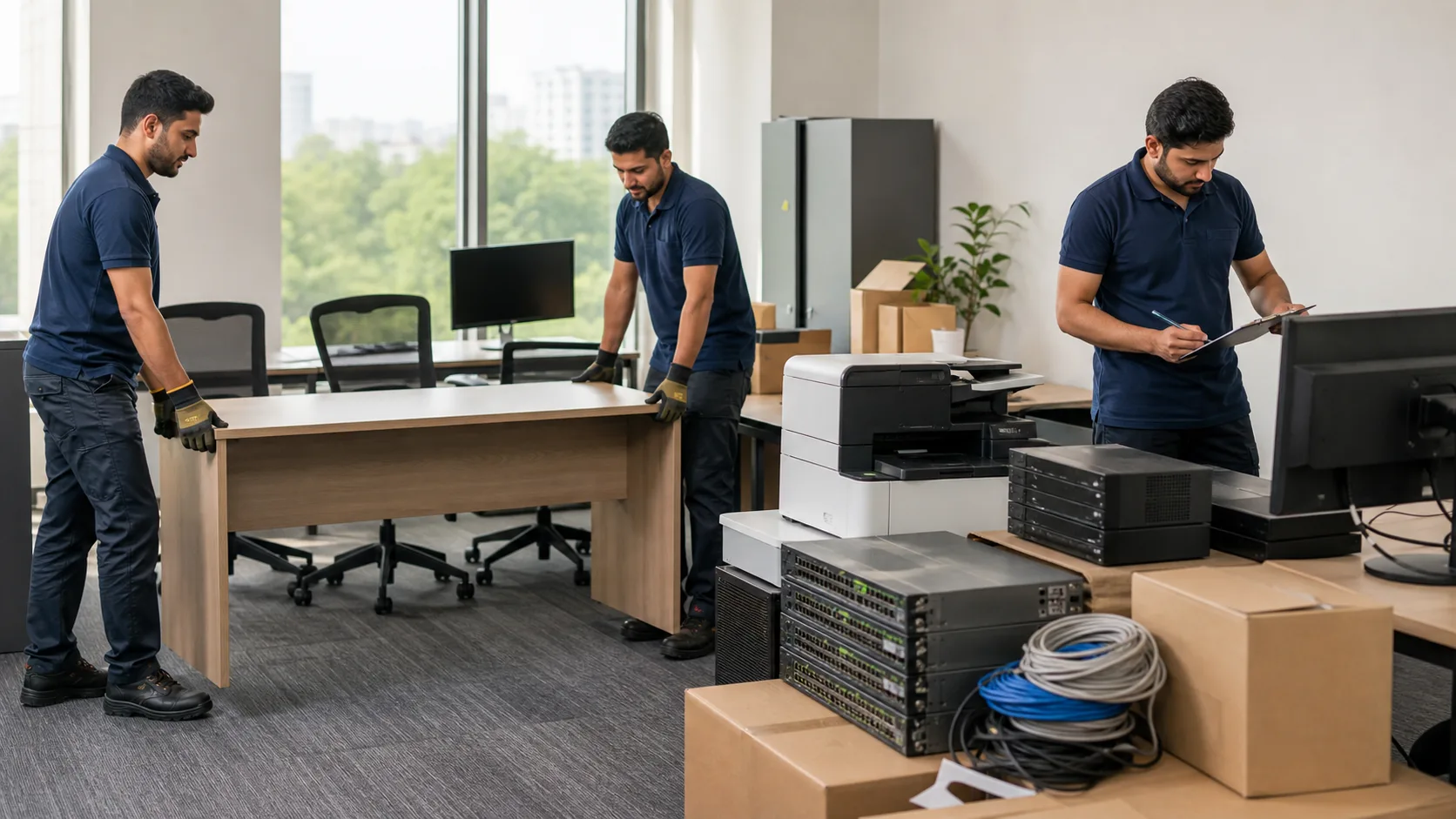 A professional team organizing office furniture and IT equipment for clearance