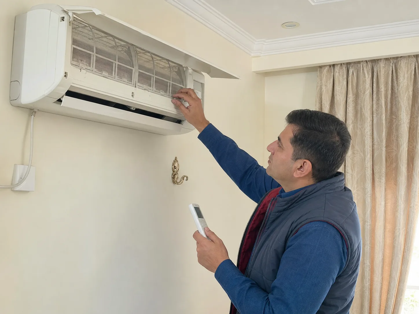 An appliance specialist inspecting a used split air conditioner in Islamabad