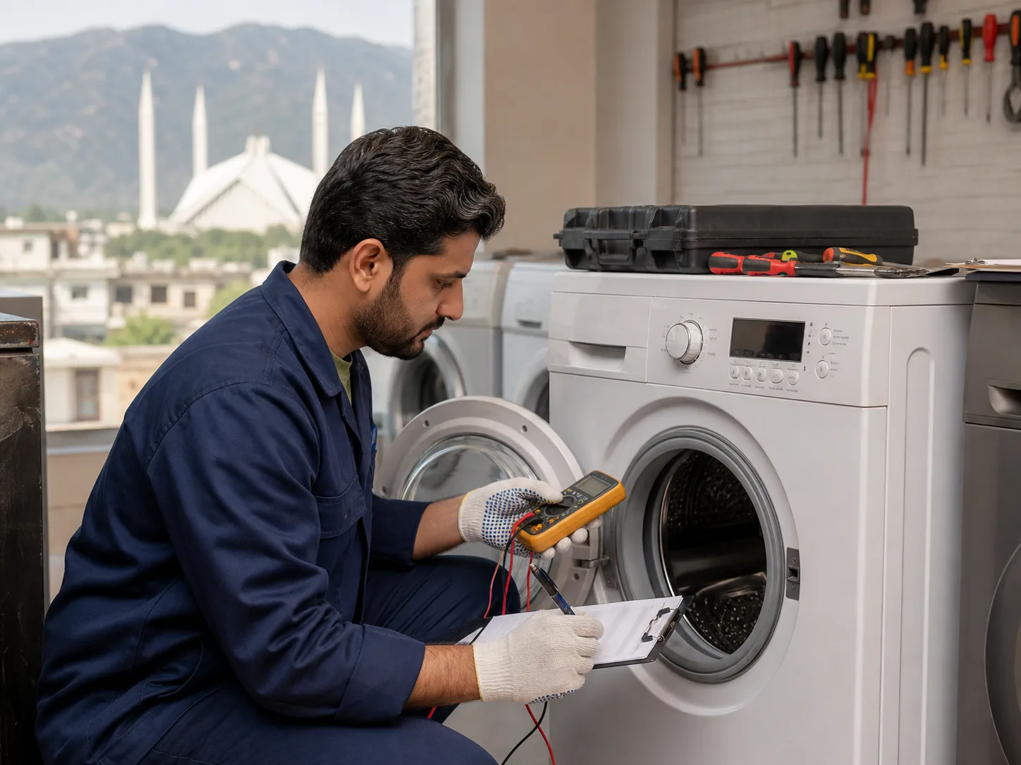 A professional dealer inspecting a washing machine before resale