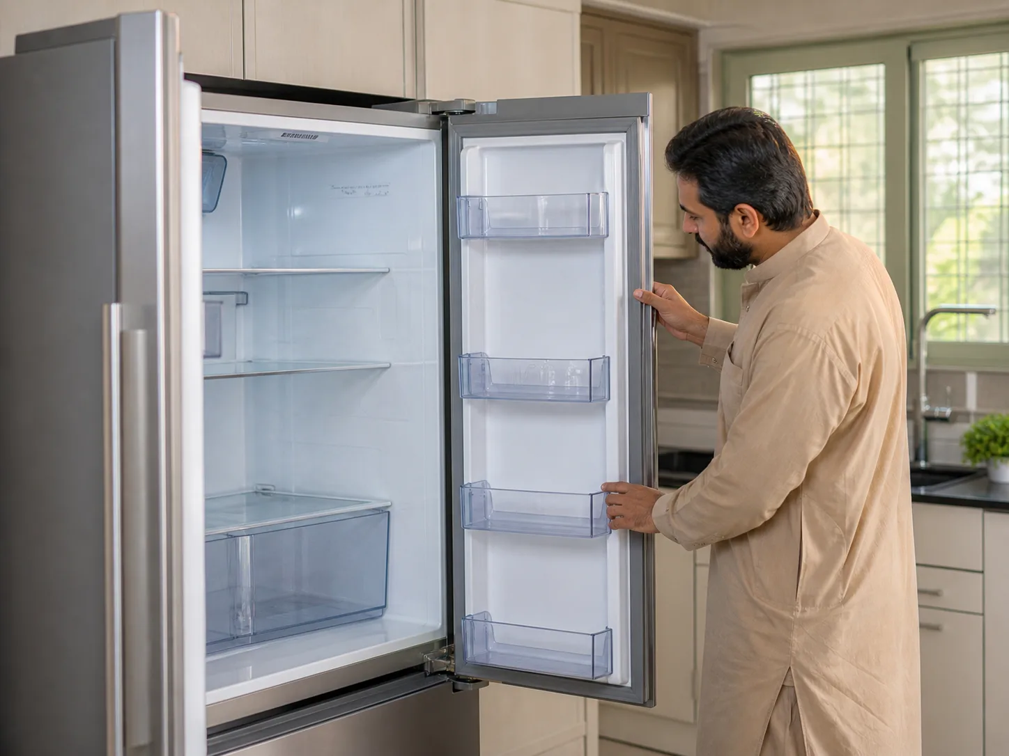 A local buyer assessing a double-door refrigerator in a Rawalpindi kitchen