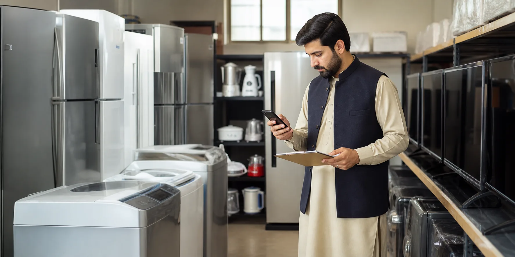 A sourcing specialist checking organized appliance stock for a customer request