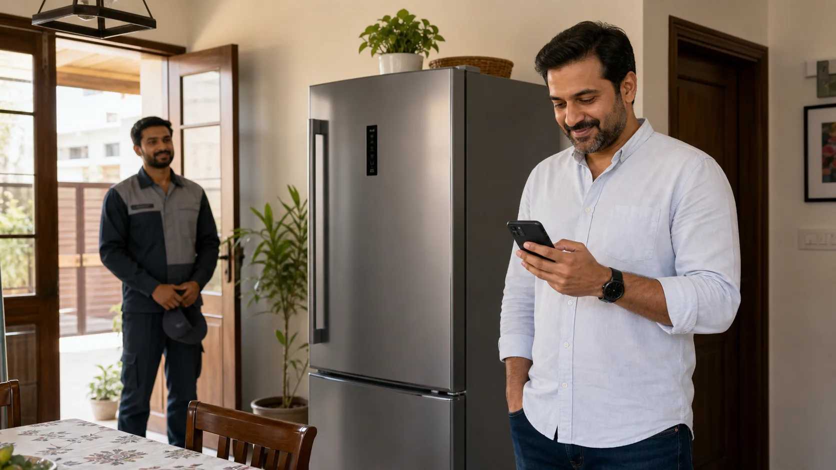 A homeowner checking their phone after a completed appliance delivery