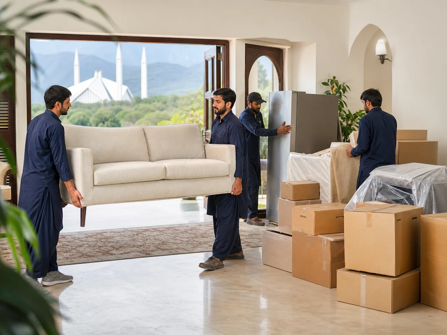 A professional team clearing furniture and appliances from an Islamabad home