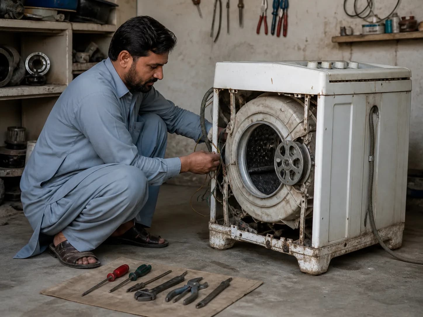 A technician assessing an older washing machine for reusable parts
