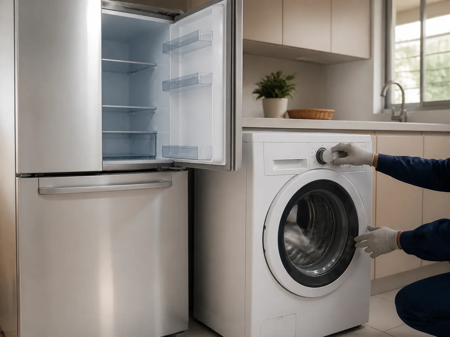 Clean refrigerator and washing machine being inspected in an Islamabad home