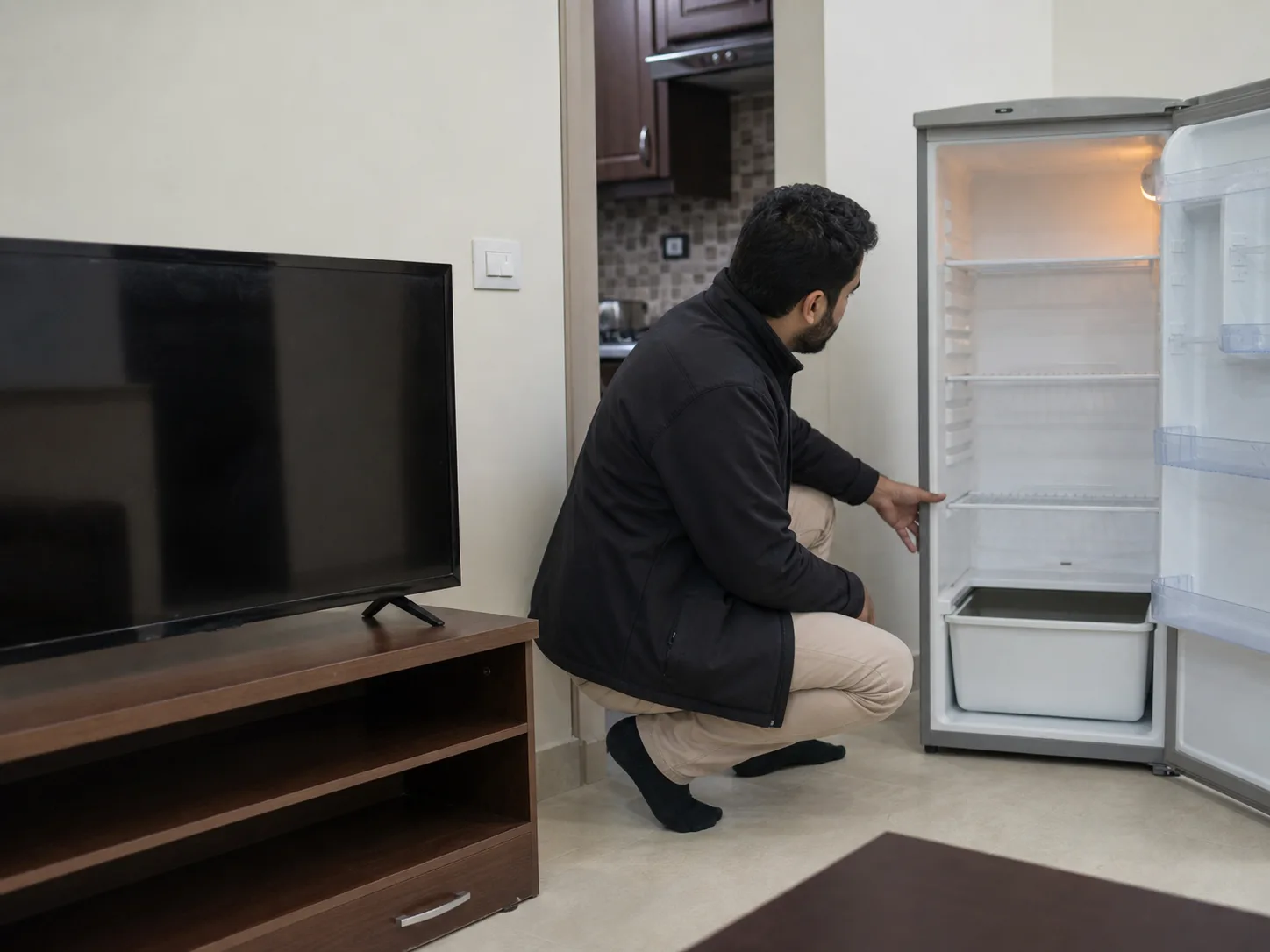 A buyer checking a television and refrigerator with missing accessories