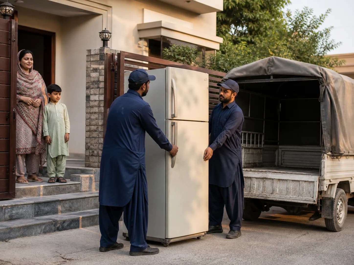 A local pickup team collecting a refrigerator from an Islamabad home