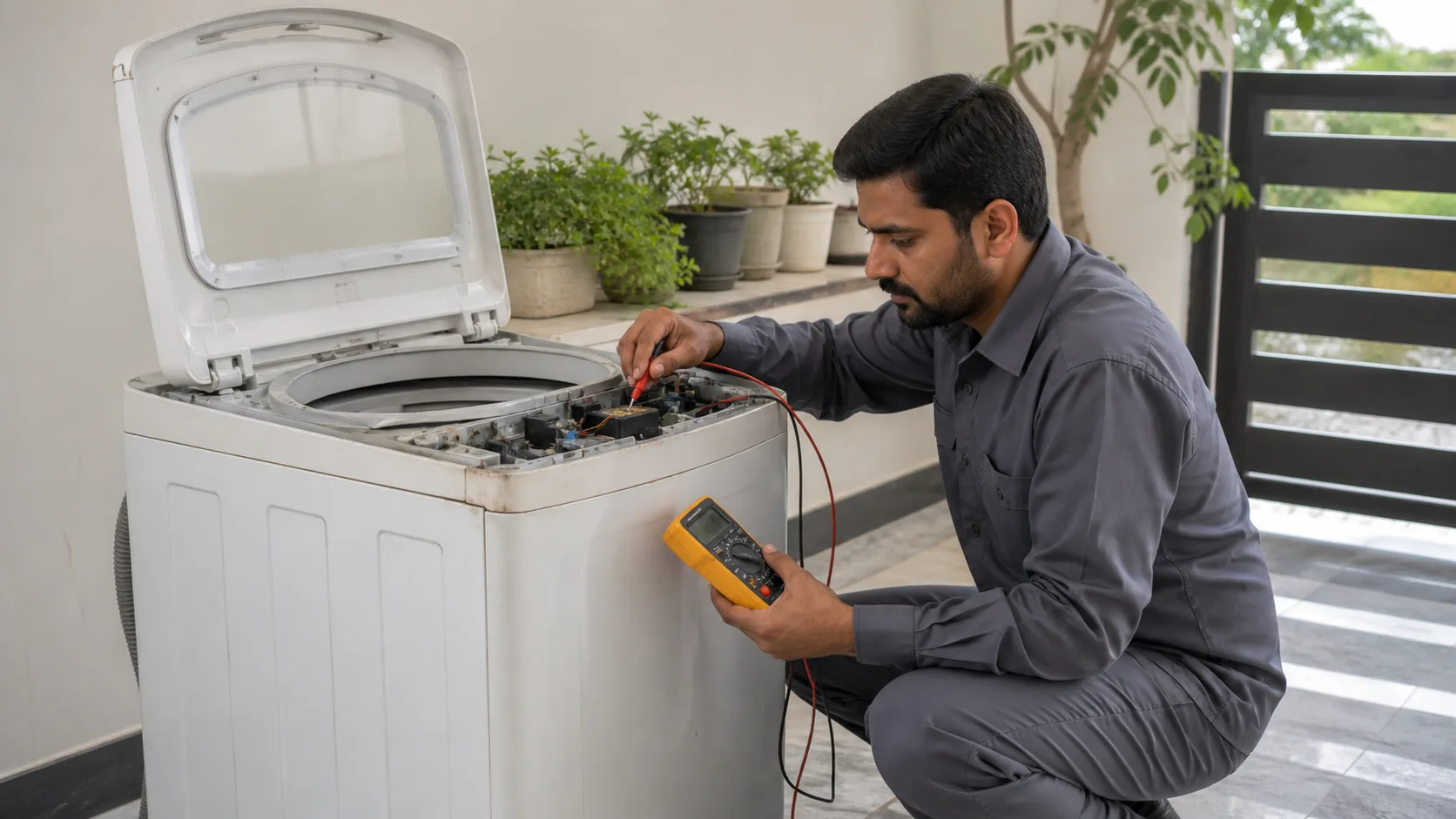 A technician testing the core function of a used washing machine